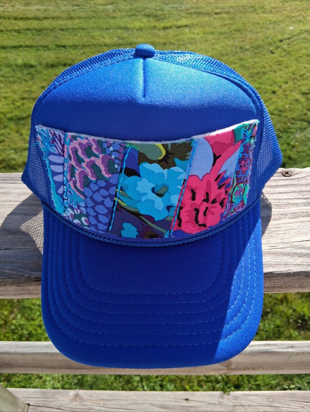 Royal Blue Trucker Hat with Multicolor Floral Handmade Patch
